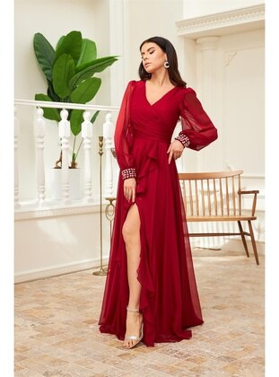 Burgundy - Fully Lined - 1000gr - Double-Breasted - Evening Dresses - Carmen