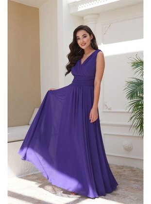 Purple - Fully Lined - 1000gr - V neck Collar - Evening Dresses - Carmen