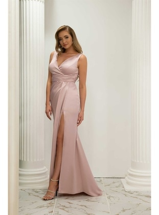 Powder Pink - Fully Lined - 1000gr - V neck Collar - Evening Dresses - Carmen