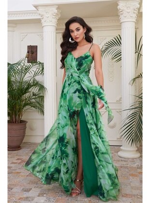 Green - Fully Lined - 1000gr - V neck Collar - Evening Dresses - Carmen