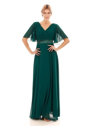 Green - Fully Lined - 1000gr - Double-Breasted - Evening Dresses - Carmen