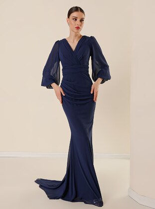Fully Lined - Navy Blue - Double-Breasted - Evening Dresses - By Saygı