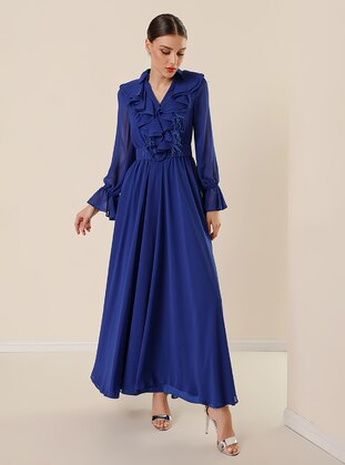 Fully Lined - Saxe Blue - Polo - Evening Dresses - By Saygı