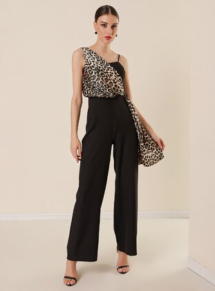 Fully Lined - Black - Leopard - Evening Jumpsuits - By Saygı
