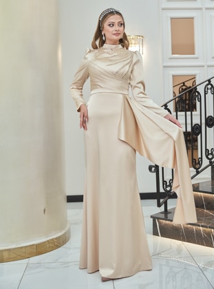 Cream - Fully Lined -  - Modest Evening Dress - Aslan Polat