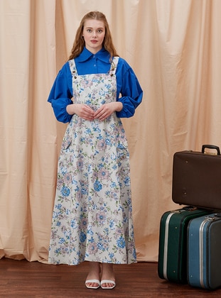 Unlined - Floral - Blue - Skirt Overalls - Ceylan Otantik