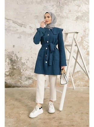 Hijab Collar Detailed Cape Navy Blue Coat