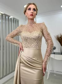Fully Lined - Gold color - Crew neck - Evening Dresses