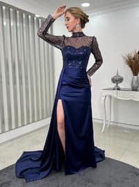 Fully Lined - Navy Blue - Crew neck - Evening Dresses