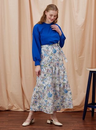 Blue - Floral - Unlined - Skirt - Ceylan Otantik