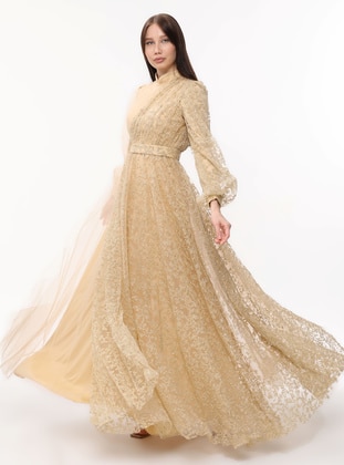 Gold color - Fully Lined - Crew neck - Modest Evening Dress - Asee`s