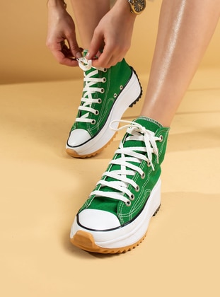 Green - Sport - Faux Leather - Sports Shoes - Pembe Potin
