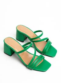 Green - Heeled Slippers - Faux Leather - Heels