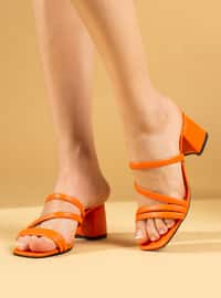 برتقالي - شبشب بكعب - جلد اصطناعي - احذيه كعب عالى