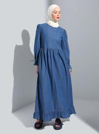 Blue - Button Collar - Unlined - Modest Dress