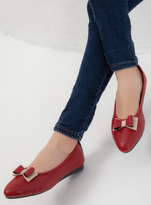 Red - Flat - Faux Leather - Flat Shoes - Shoescloud