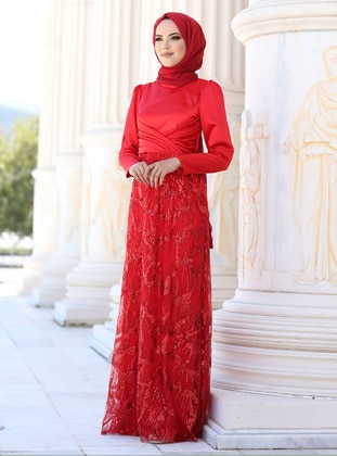 Red - Multi - Unlined - Crew neck - Modest Evening Dress - Gamze Özkul