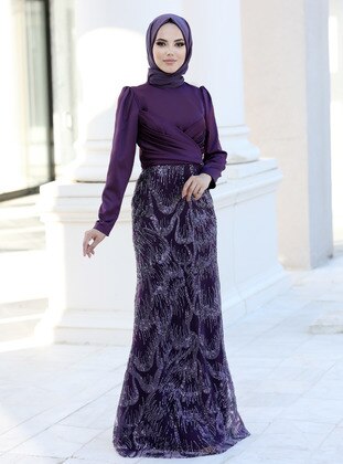 Maroon - Multi - Modest Evening Dress - Gamze Özkul