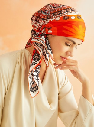 Orange - Printed - %100 Silk - Shawl - IMANNOOR