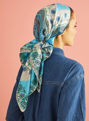 Turquoise - Printed - %100 Silk - Shawl - IMANNOOR
