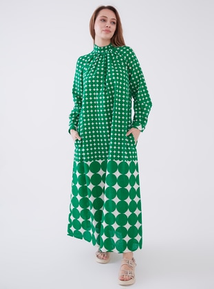 Green - Multi - Crew neck - Unlined - Modest Dress - Sahra Afra