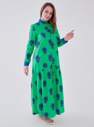 Green - Multi - Crew neck - Unlined - Modest Dress - Sahra Afra
