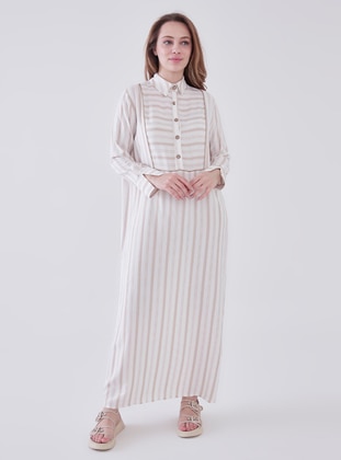 Beige - Stripe - Unlined - Modest Dress - Sahra Afra