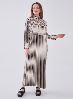 Brown - Stripe - Unlined - Modest Dress - Sahra Afra