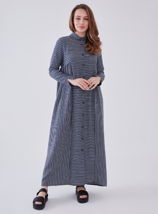 Navy Blue - Stripe - Unlined - Modest Dress - Sahra Afra