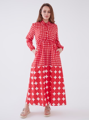 Red - Multi - Unlined - Modest Dress - Sahra Afra