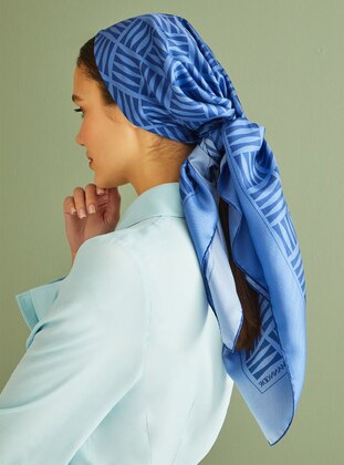 Blue - Printed - %100 Silk - Shawl - IMANNOOR
