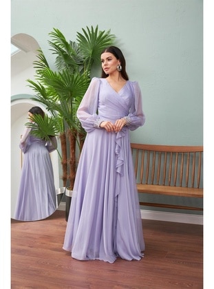 Lilac - Fully Lined - 1000gr - Double-Breasted - Evening Dresses - Carmen