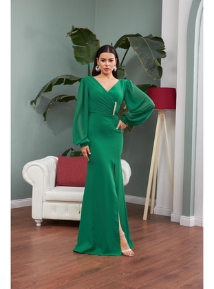 Emerald - Fully Lined - 1000gr - V neck Collar - Evening Dresses - Carmen