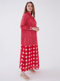 Red - Multi - Crew neck - Unlined - Modest Dress