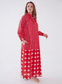 Red - Multi - Crew neck - Unlined - Modest Dress