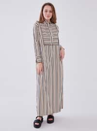 Brown - Stripe - Unlined - Modest Dress