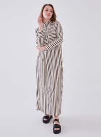 Brown - Stripe - Unlined - Modest Dress