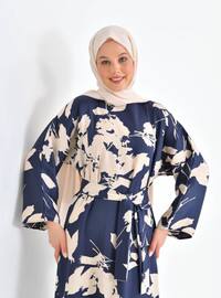 Navy Blue - Multi - Crew neck - Unlined - Modest Dress