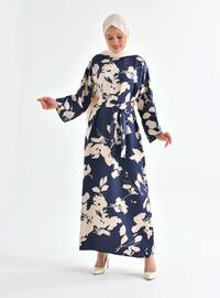 Navy Blue - Multi - Crew neck - Unlined - Modest Dress