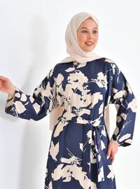 Navy Blue - Multi - Crew neck - Unlined - Modest Dress