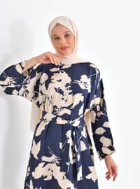 Navy Blue - Multi - Crew neck - Unlined - Modest Dress