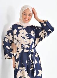 Navy Blue - Multi - Crew neck - Unlined - Modest Dress