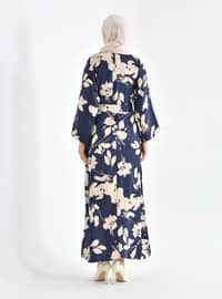 Navy Blue - Multi - Crew neck - Unlined - Modest Dress