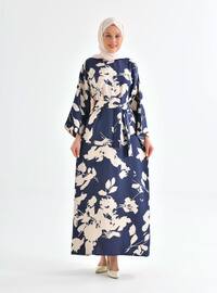 Navy Blue - Multi - Crew neck - Unlined - Modest Dress