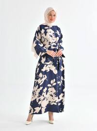 Navy Blue - Multi - Crew neck - Unlined - Modest Dress