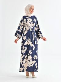 Navy Blue - Multi - Crew neck - Unlined - Modest Dress