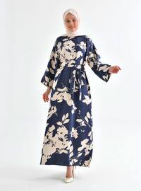 Navy Blue - Multi - Crew neck - Unlined - Modest Dress