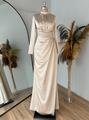 Gold color - Fully Lined - Crew neck - Modest Evening Dress - Lavienza