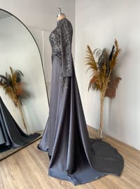 Anthracite - Fully Lined - Crew neck - Modest Evening Dress