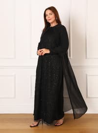 Black - Fully Lined - Crew neck - Plus Size Evening Dress